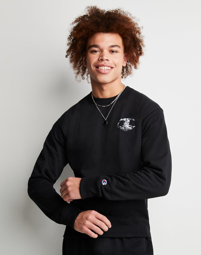 Champion Powerblend Fleece Crew Chasing Waves Erkek Sweatshirt Siyah ( CFOANZ652 )